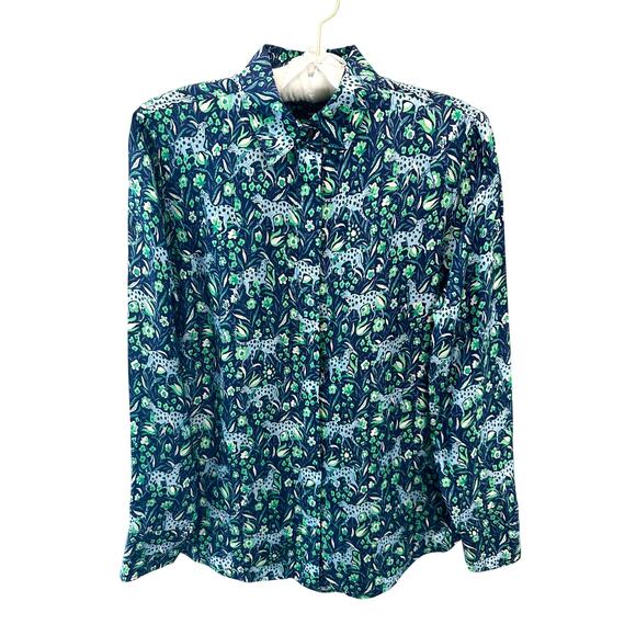 J.CREW | Classic Button Down Shirt Blue Green Floral Leopard Print | Size 0 - Picture 1 of 7